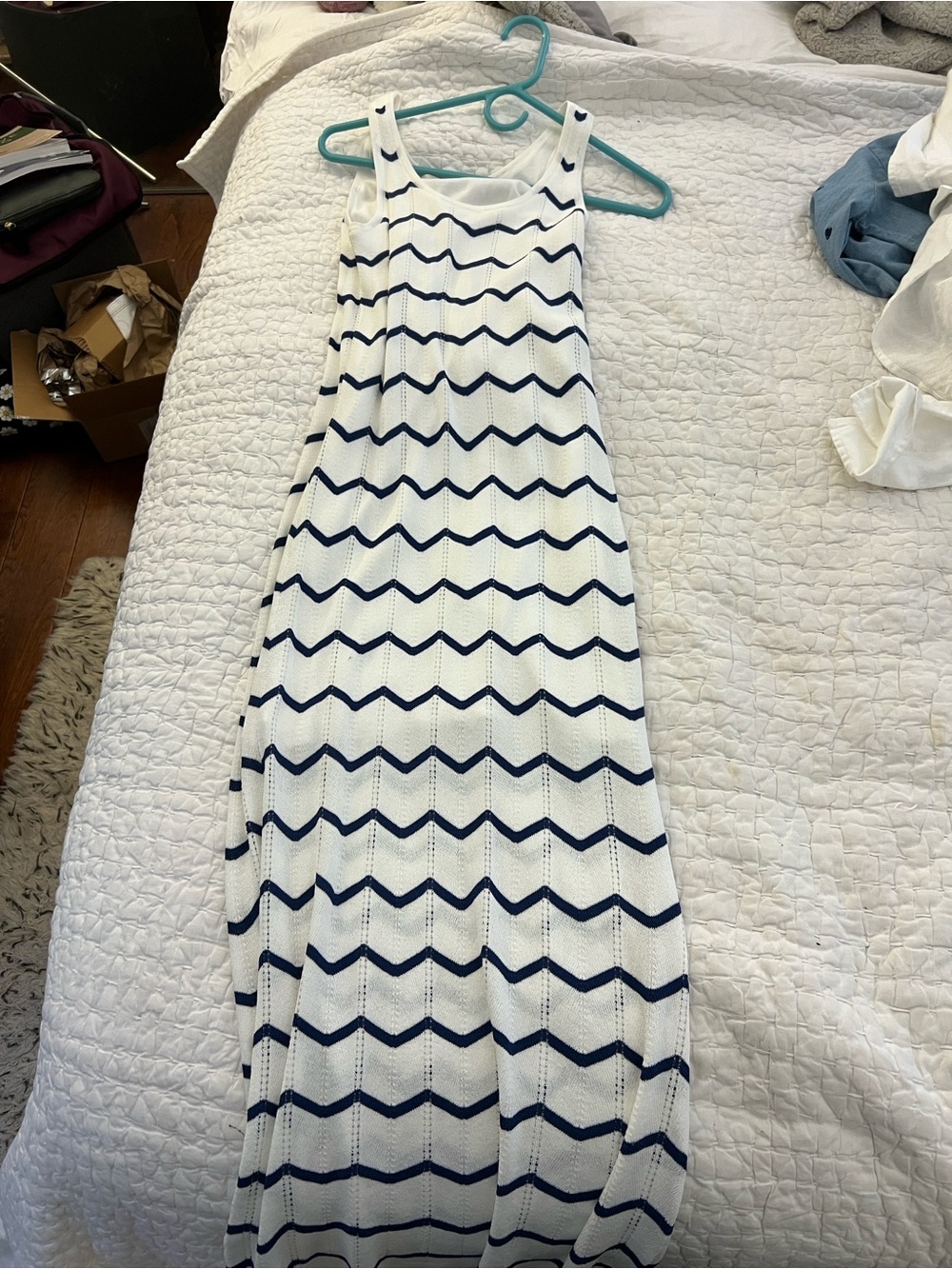 LOFT White Dress with Navy Chevron Detail